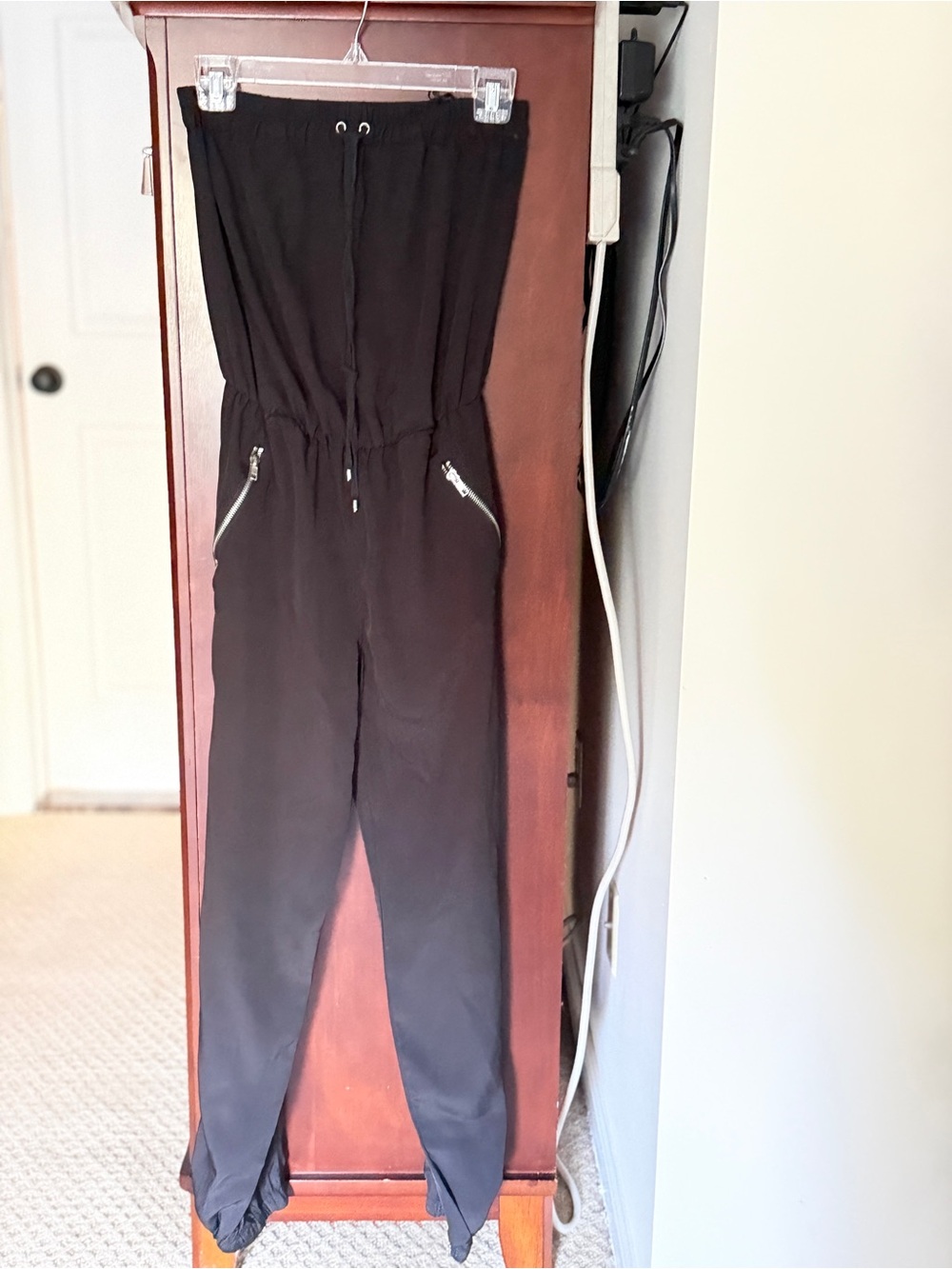 Walter Baker Black Strapless Drawstring Jumpsuit with Zippered Pockets